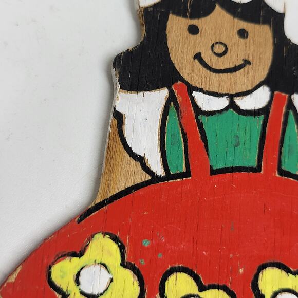 VINTAGE Wooden Girl Christmas Ornament 4" Red Hand Painted Flat Double Side 70s - Picture 7 of 12
